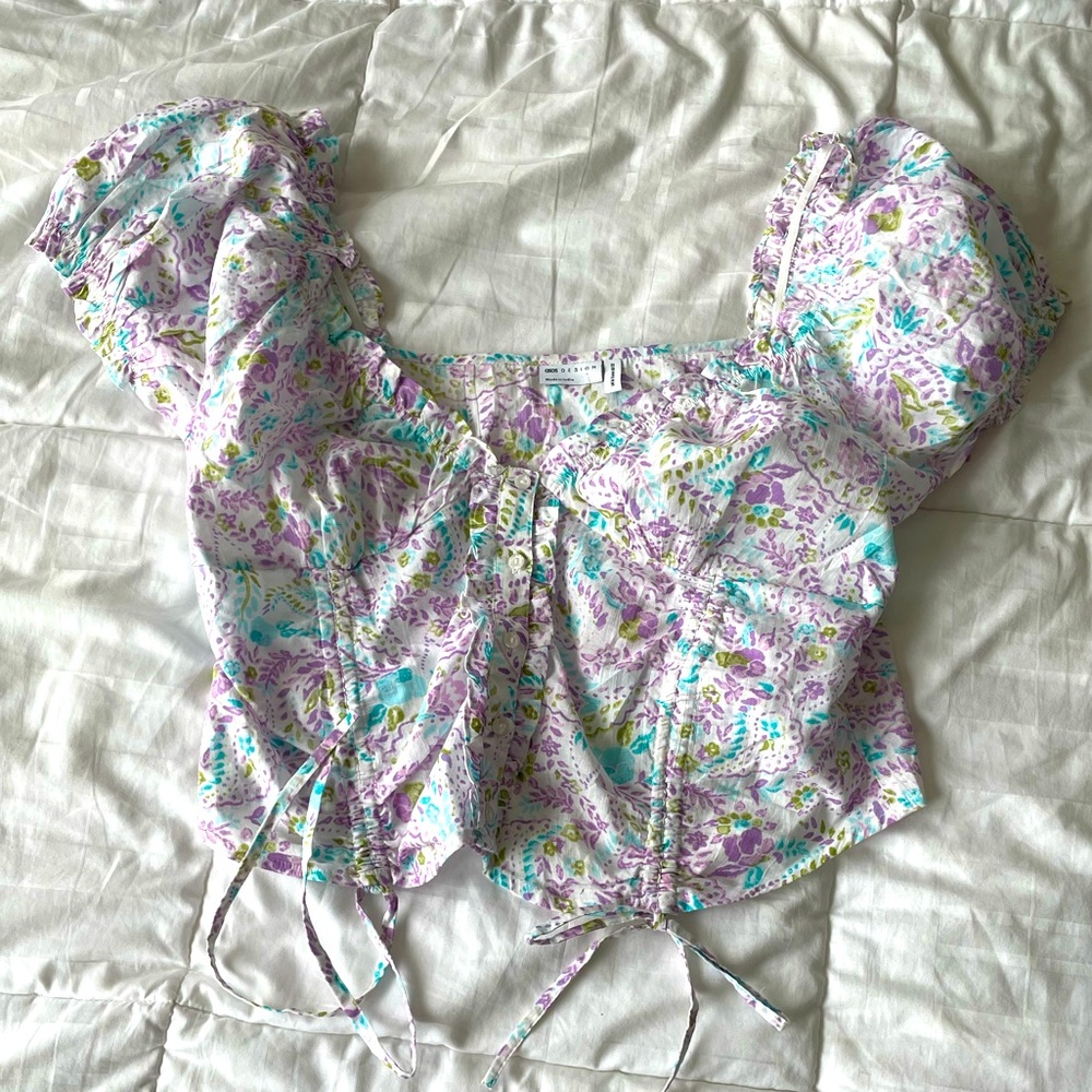 NWOT ASOS White and Purple Floral Corset Puff Sleeve Crop Top
